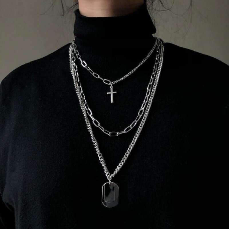 Punk Layered Dog Tag Chains Necklace