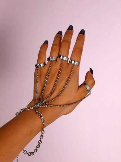 Punk Finger Mitten Rings Bracelet Chain