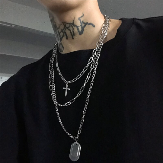 Punk Layered Dog Tag Chains Necklace