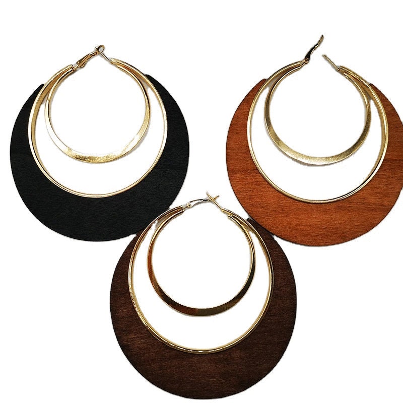 Tribal Wooden Oversized Earrings African Ankara