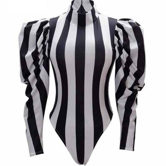 Plus Size Black And White Leotard Puff Sleeve