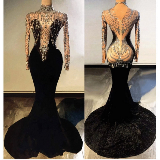 Black Rhinestones Tail Dress