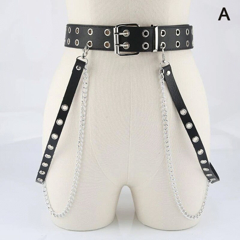 Leather Double Row Grommet Belt Chain