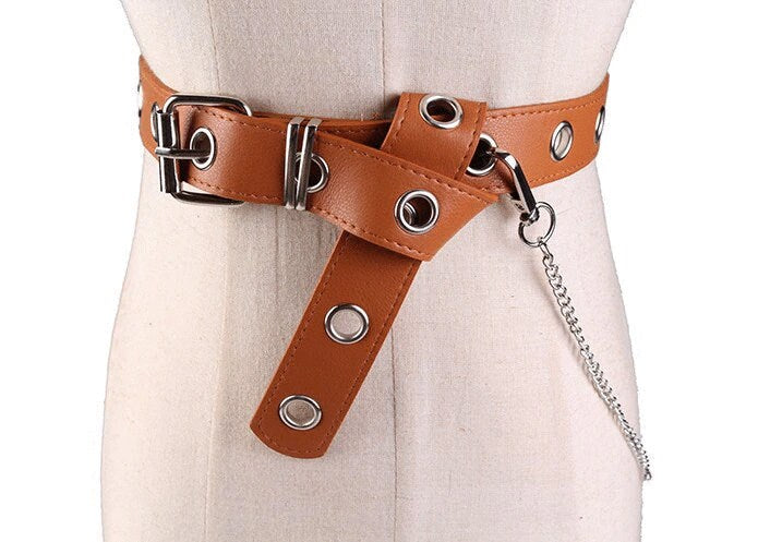 Tan Black Leather Grommet Belt