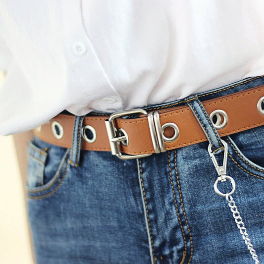 Tan Black Leather Grommet Belt