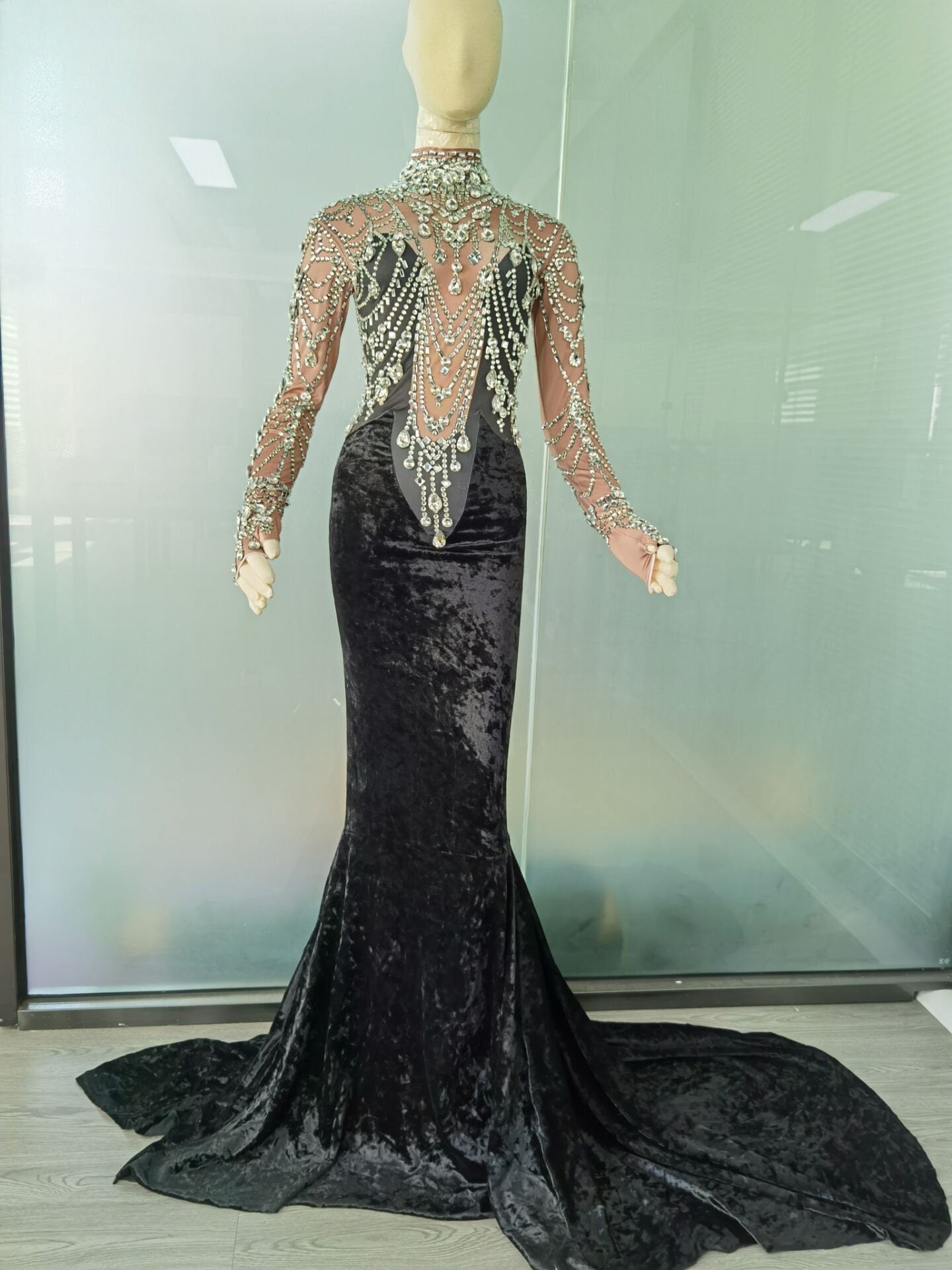 Black Rhinestones Tail Dress