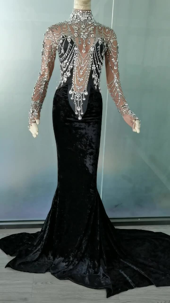 Black Rhinestones Tail Dress