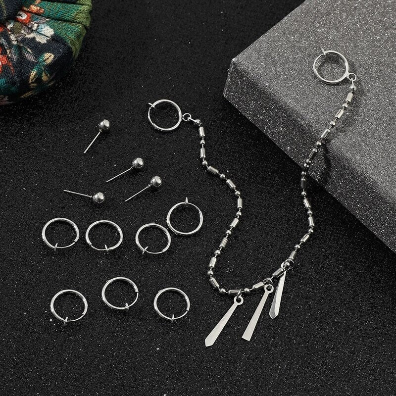 Lip Ring and Earring Chain to Ear 12pc set Anime