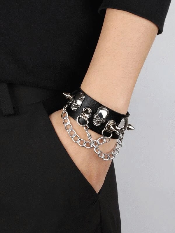 Black Spiked Skull Chain Bracelet