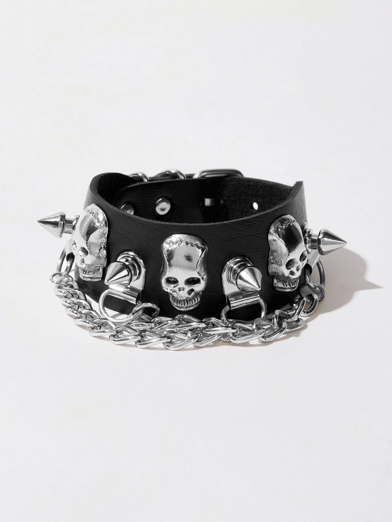 Black Spiked Skull Chain Bracelet