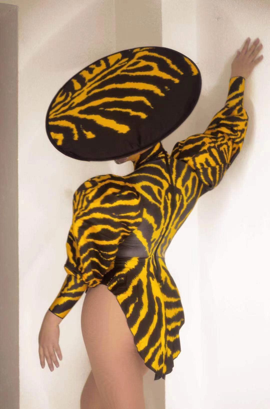 Yellow Zebra Puff Sleeve Monokini