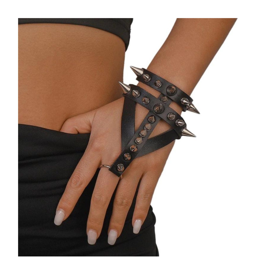 Spiked Leather Bracelet Ring Mitten